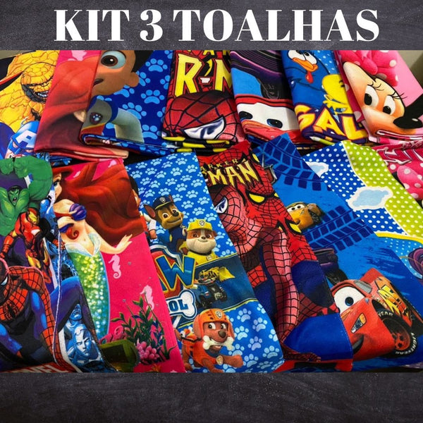 Kit 3 Toalhas 1 De Banho E 2 De Rosto Infantil Gigante Estampada 100% Algodão *Princesas Heróis e Personagens*